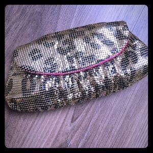 Gold Sequined Leopard Print Clutch with Pink Trim